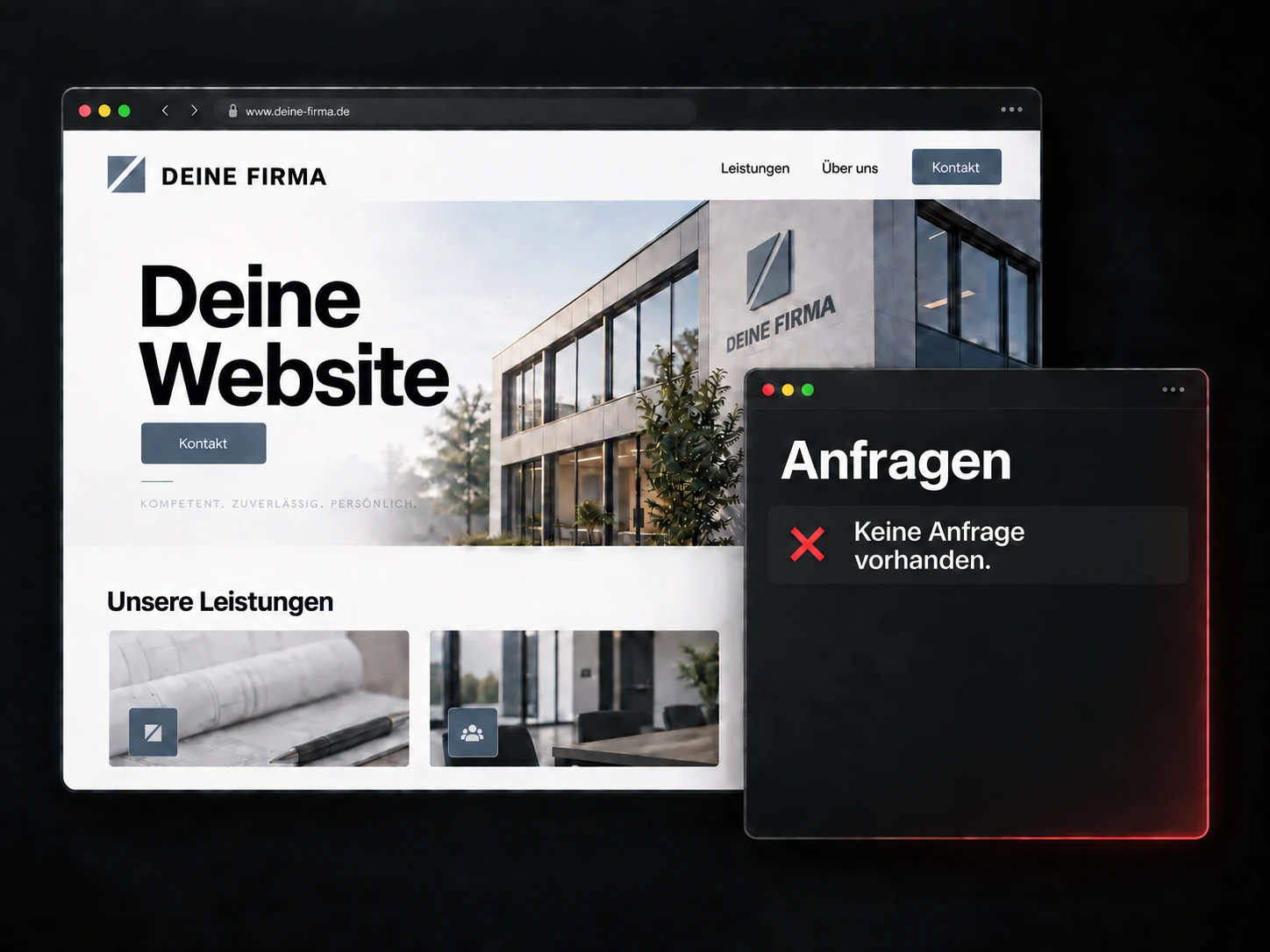 Deine Website neben einem leeren Posteingang: Anfragen, rotes X und Keine Anfrage vorhanden.
